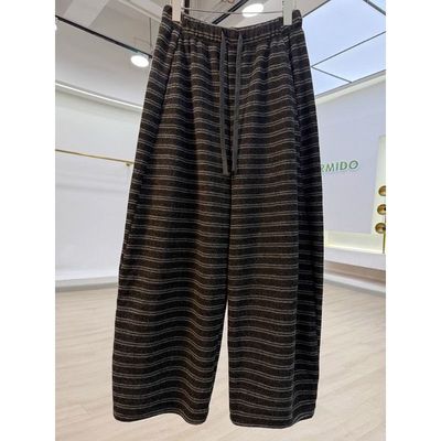 大码300斤慵懒风加绒加厚条纹阔腿裤男女秋冬休闲宽松香蕉直筒裤