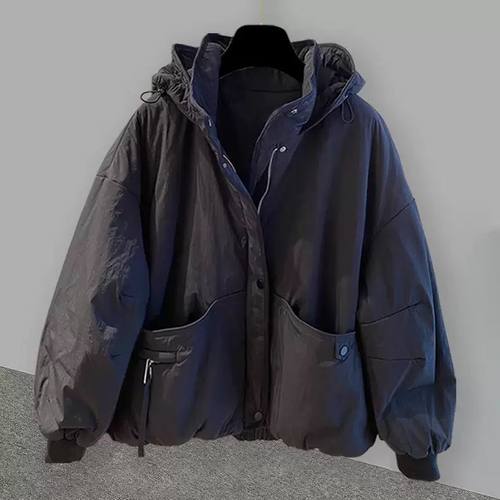 冬季大码300斤纯色拉链连帽棉衣外套男女加厚痞帅工装假两件上衣