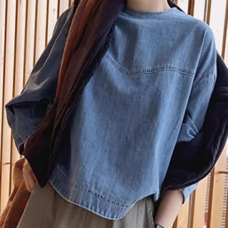 特大码300斤圆领套头九分袖牛仔上衣女胖MM时髦潮流宽松休闲衬衫2