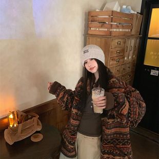 特大码300斤港味立领图腾加厚保暖外套秋冬宽松美拉德羊羔毛上衣