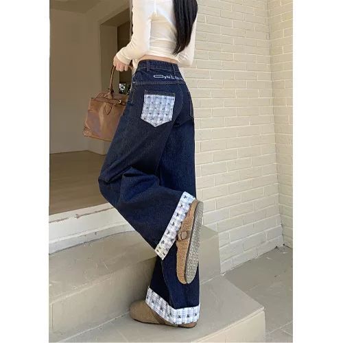 大码300斤设计感格子拼接直筒牛仔裤胖MM宽松显瘦休闲拖地阔腿裤