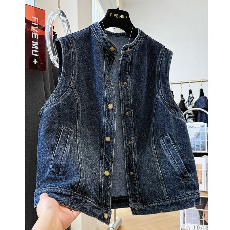 胖MM特大码300斤复古小立领牛仔马甲背心女秋冬洋气无袖坎肩外套