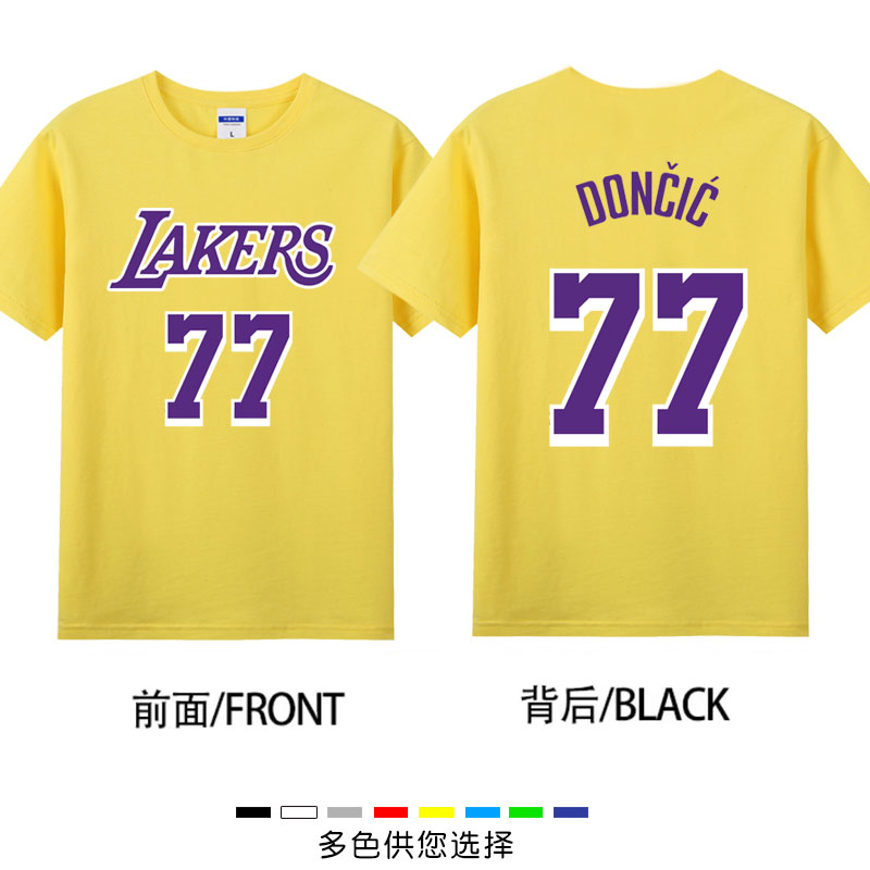 2025湖人队主场东契奇77号短袖T恤篮球衣男美式休闲训练纯棉夏款
