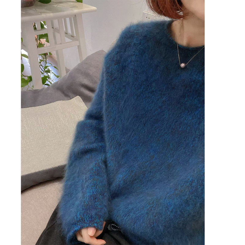 欧洲站 定制款软糯羊绒羊毛夹花 拉毛宽松长袖针织衫羊毛衫拉绒女