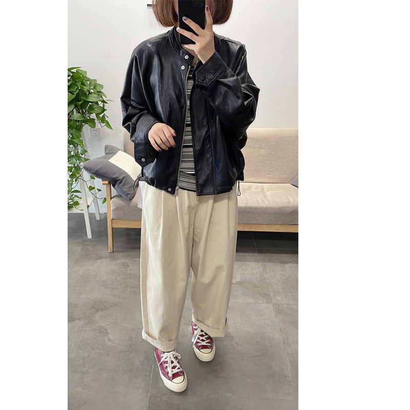 欧洲站 休闲小立领皮衣夹克女 复古软面PU宽松蝙蝠袖短款上衣外套