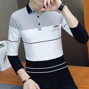8823-P45男士长袖T恤秋季新款条纹翻领男装polo衫休闲青年薄图片