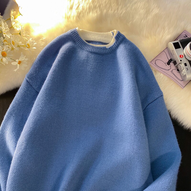 Y601-P55撞色圆领毛衣男秋冬宽松港风男生慵懒套头针织衫，男装针织衫/毛衣，电商D310（原电商305）