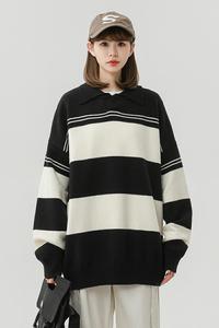 2602-P58港风Polo领毛衣男士秋冬季新款潮牌休闲条纹针织衫外套图片