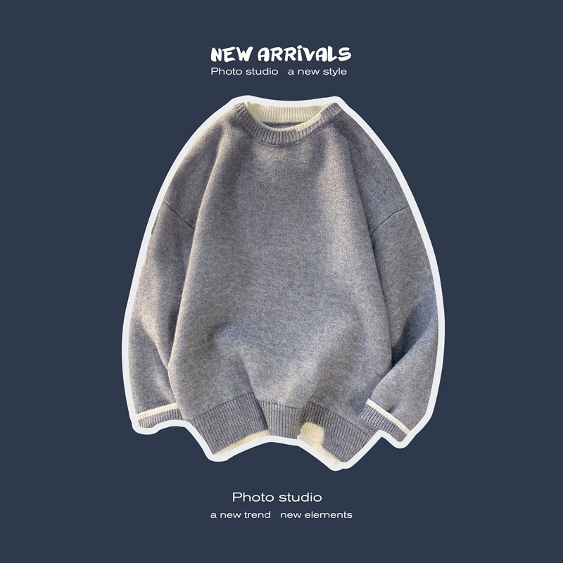 Y601-P55假两件圆领毛衣男设计感纯色上衣ins港风复古宽松，男装针织衫/毛衣，电商D310（原电商305）