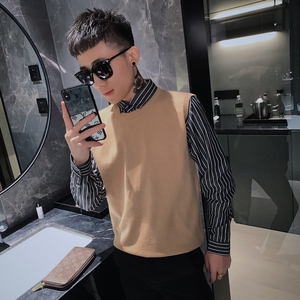 8571-P60假两件男潮流条纹毛衣网红修身衬衫领针织衫图片