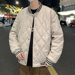 MY5818-P90棒球服棉衣男冬季加厚菱形格棉服外套男款美式PU皮棉衣图片