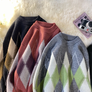 M618-P65菱格毛衣背心复古日系ins港风v领格子坎肩针织衫男,男装针织衫/毛衣,电商D310（原电商305）