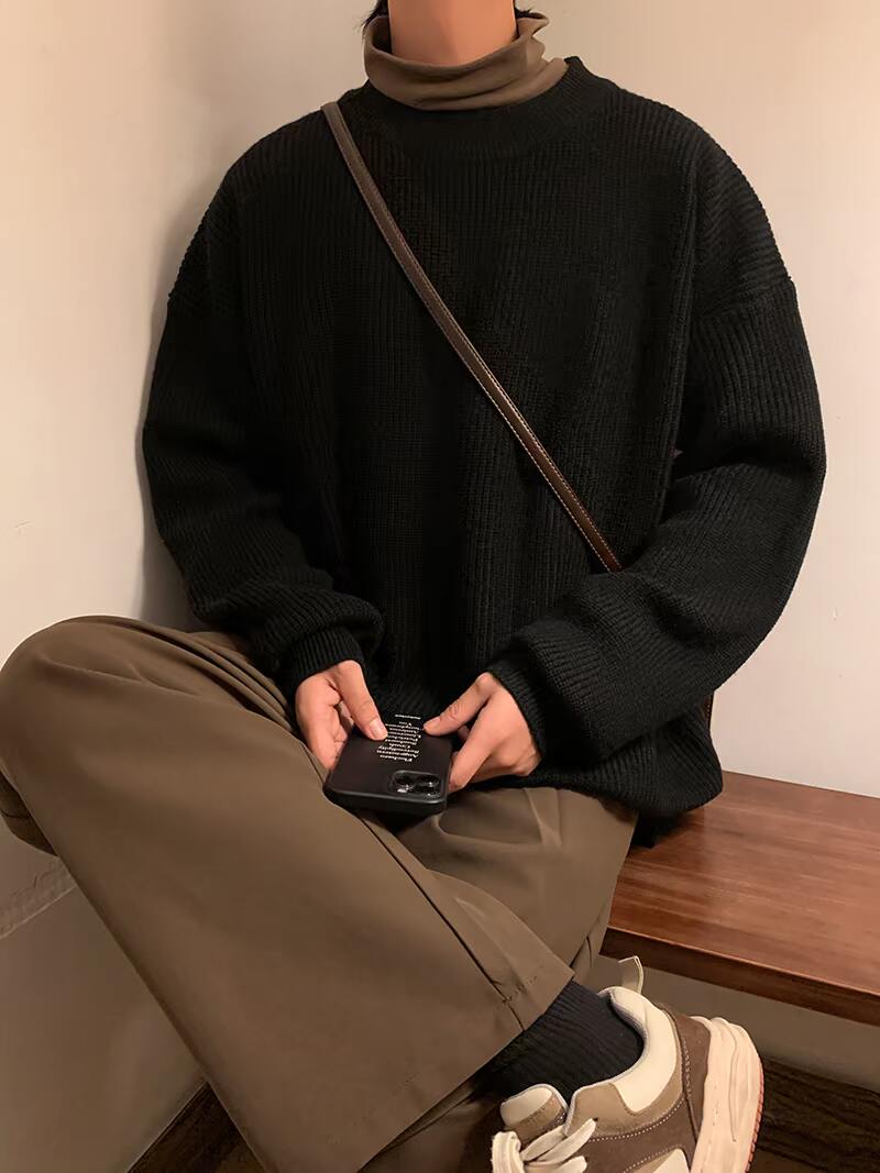 M869-P55港风纯色打底圆领毛衣男秋冬oversize复古宽松针织衫图片
