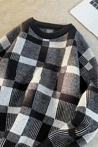 M811-P55潮牌格子高级感圆领毛衣男复古宽松慵懒风百搭情侣