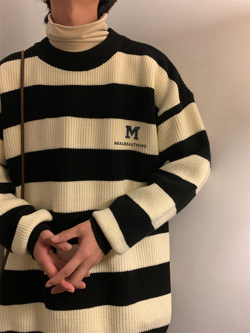 M853-P55黑白条纹毛衣男秋冬新款日系复古针织衫宽松休闲百搭图片