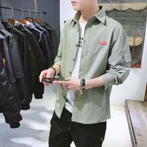C877工装衬衫男长袖潮流青年男宽松2021春装新款男士衬衣图片