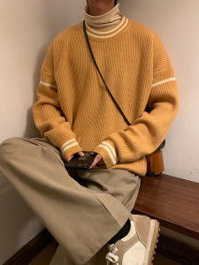 M858-P55条纹圆领毛衣男秋冬港风ins潮流宽松男生长袖针织衫图片