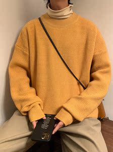 M869-P55港风纯色打底圆领毛衣男秋冬oversize复古宽松针织衫图片