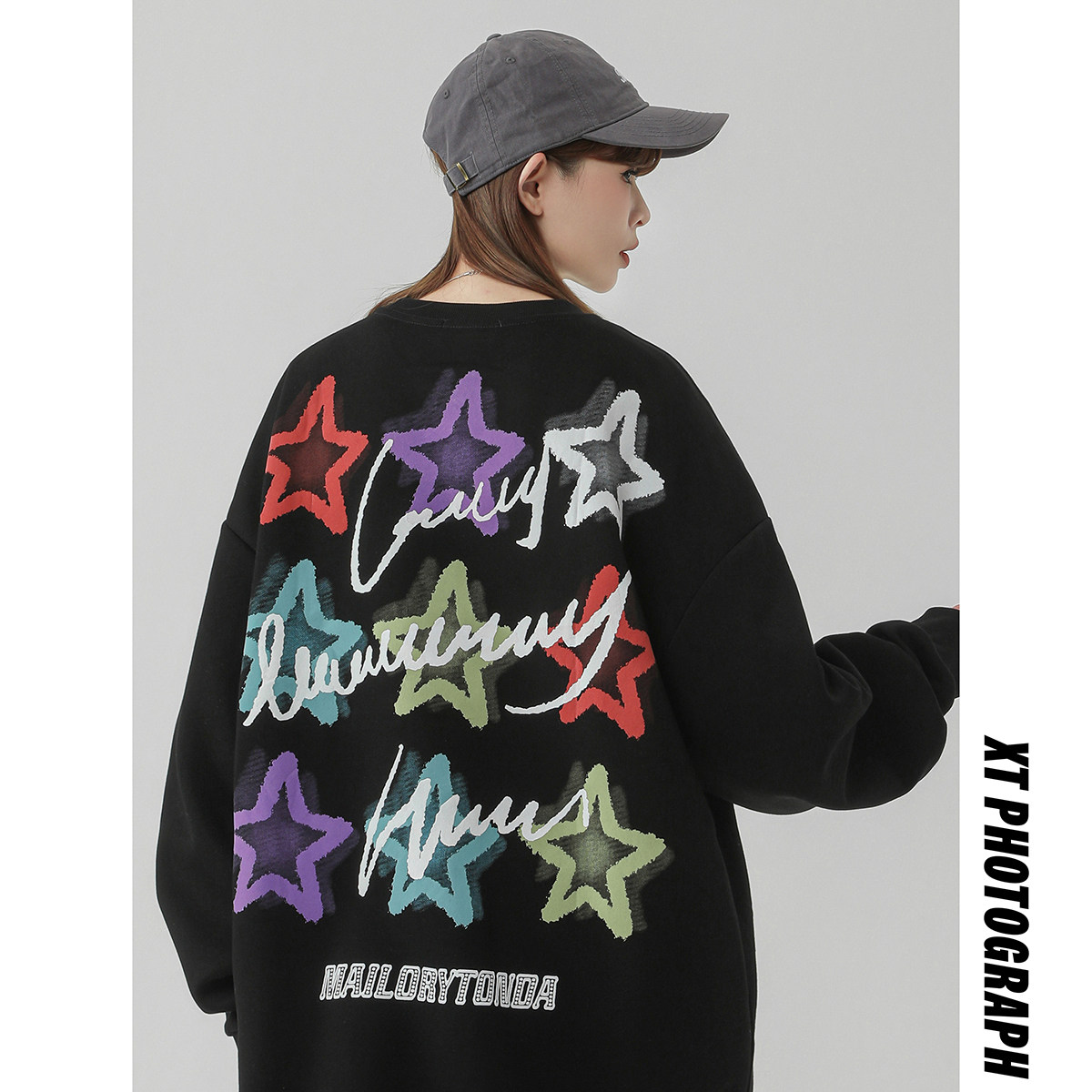 W3291-P50男士卫衣春秋季潮牌宽松字母印花星星连帽休闲长袖t恤图片