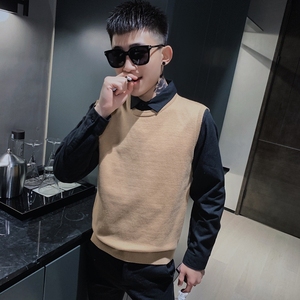 8573-P60假两件针织毛衣男社会精神小伙毛线衣韩版修身网红打底衫图片