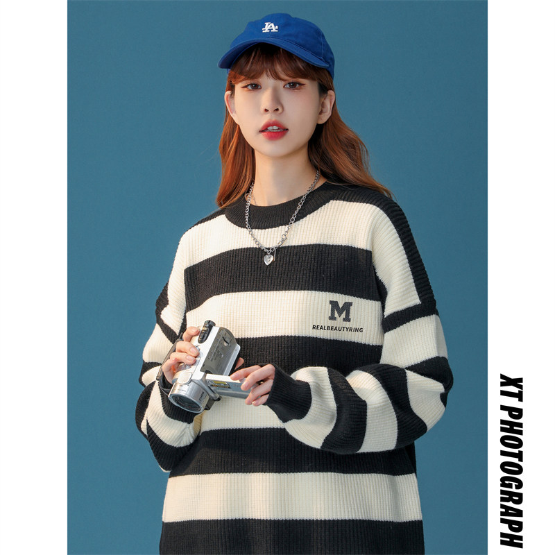 M853-P55针织衫男士条纹宽松毛衣新款潮流男生秋冬装打底毛衫，男装针织衫/毛衣，电商D310（原电商305）