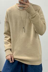 M701-P40纯色男士毛衣春秋圆领休闲潮流ins港风秋季宽松针织衫,波古波古衣服搭配图片