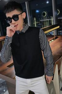 8571-P60假两件男潮流条纹毛衣网红修身衬衫领针织衫图片