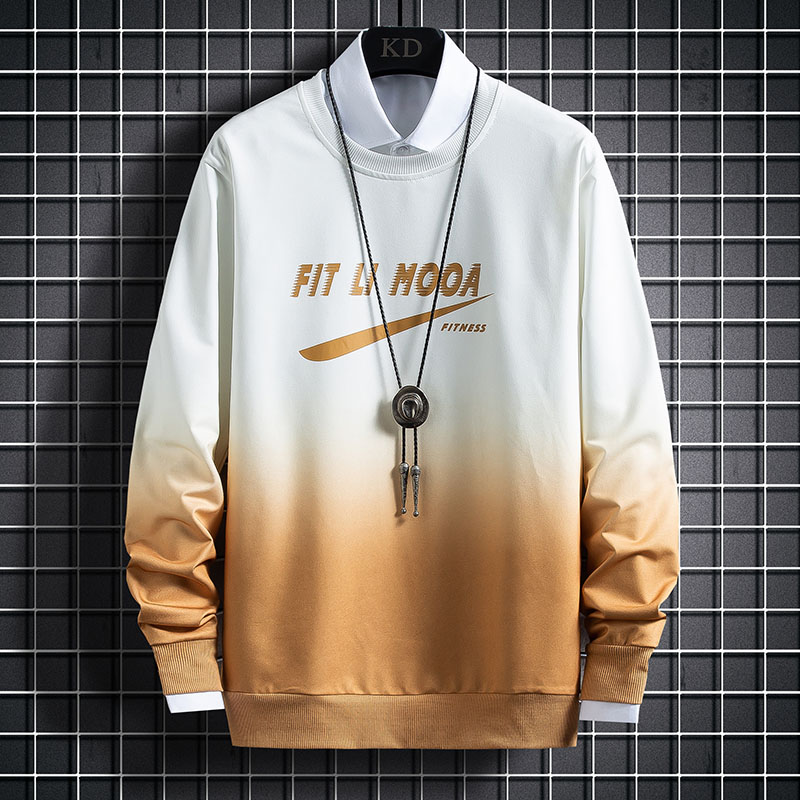 Grid spring and autumn men's long sleeve T-shirt Korean loose sweater cool autumn T-shirt crew neck