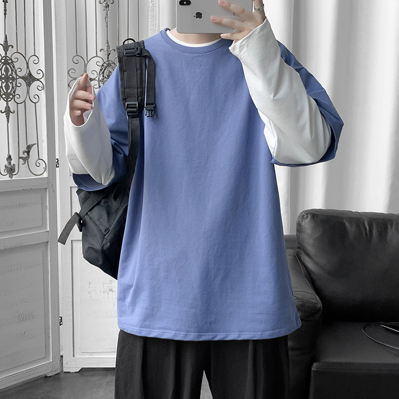 8521-P40假两件长袖T恤男韩版潮流新款宽松港风百搭卫衣男生，男装卫衣，电商D310（原电商305）