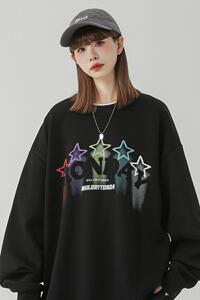 W3291-P50复古星星印花卫衣男女oversize圆领套头设计感上衣图片