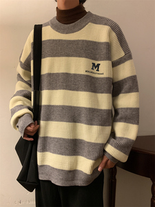 M853-P55条纹毛衣男秋冬宽松圆领针织衫港风潮牌情侣款保暖线衣图片