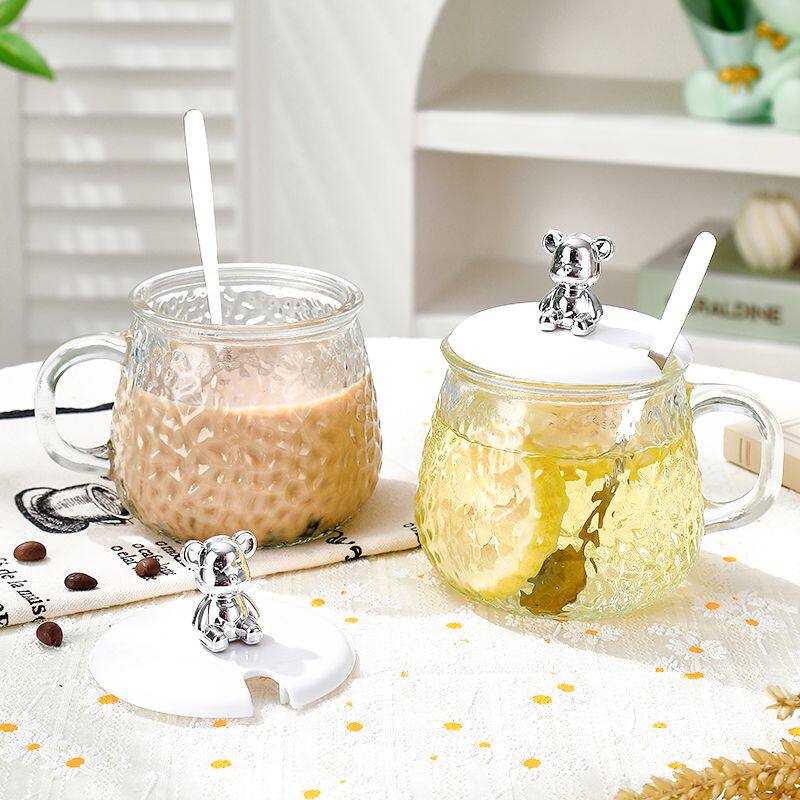 套装小熊杯子高颜值早餐玻璃杯玻璃茶杯带盖可爱马克杯水杯带勺