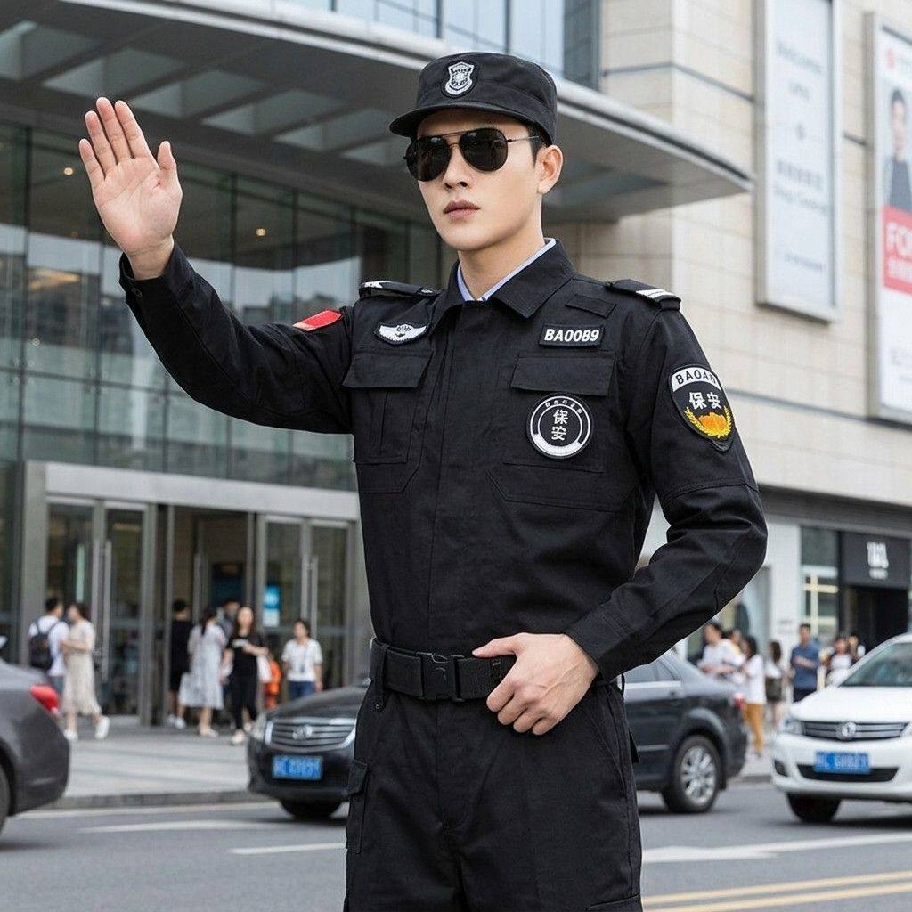 斜纹涤棉保安工作服春秋套装长袖物业保安服秋季拉链黑色制服