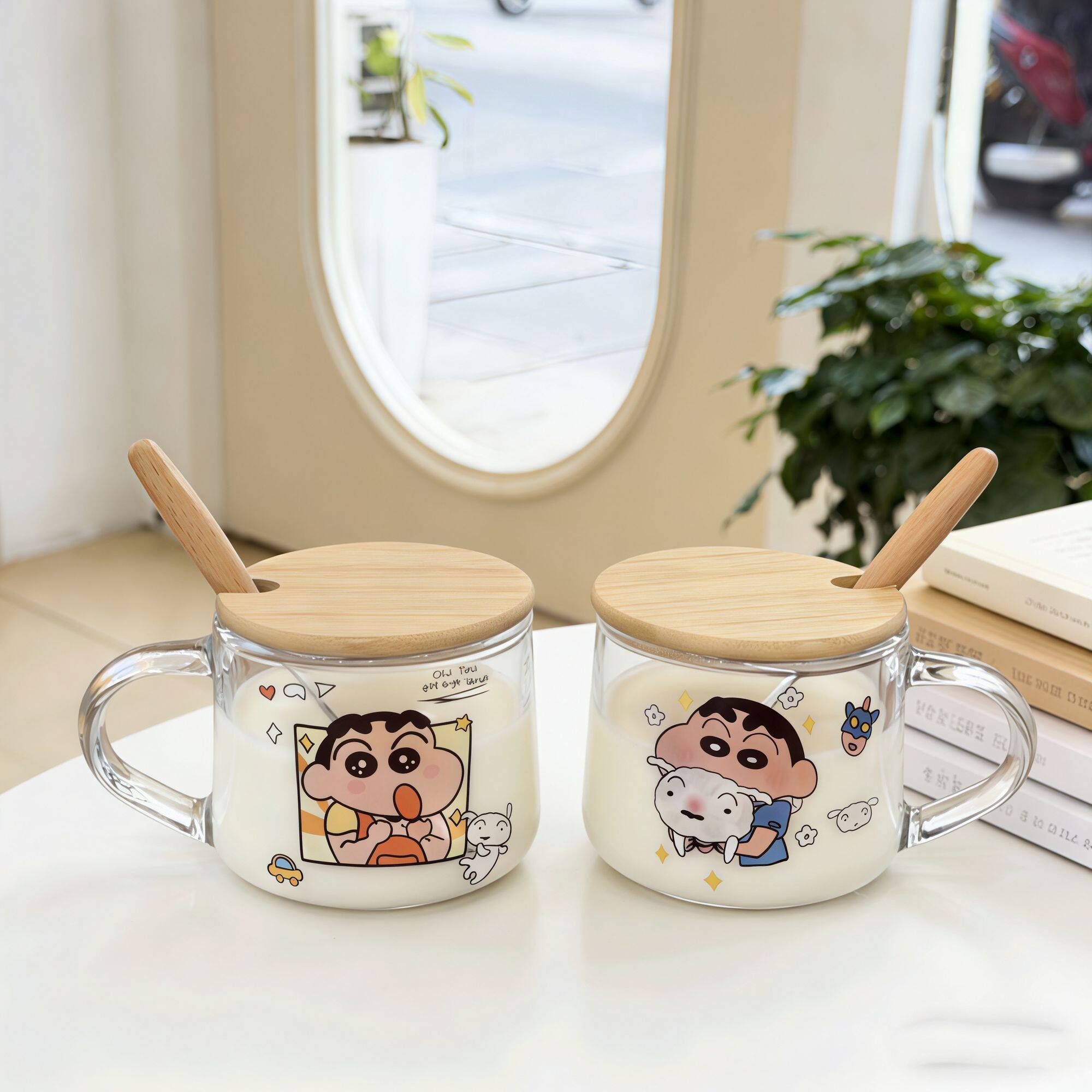 蜡笔小新燕麦片早餐杯子把手牛奶杯带盖水杯咖啡杯耐高温玻璃杯
