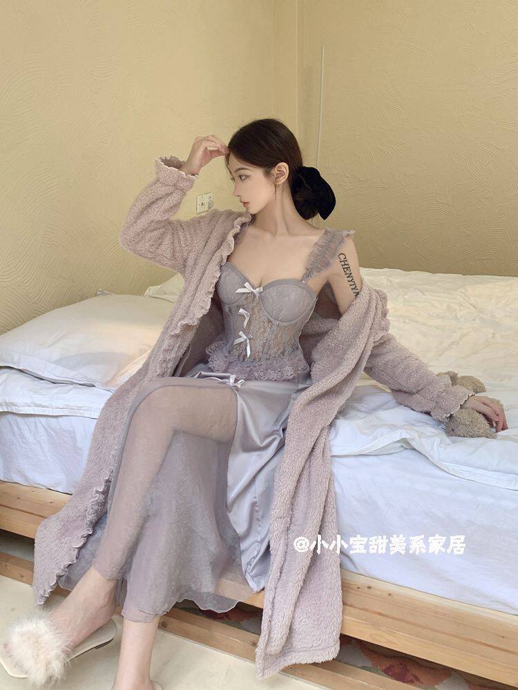 韩版氛围感睡衣女秋冬吊带可外穿睡裙珊瑚绒睡袍两件套甜美家居服