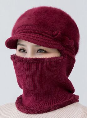 冬天帽子女士连体帽中老年人妈妈加绒厚针织毛线保暖帽骑车防风帽