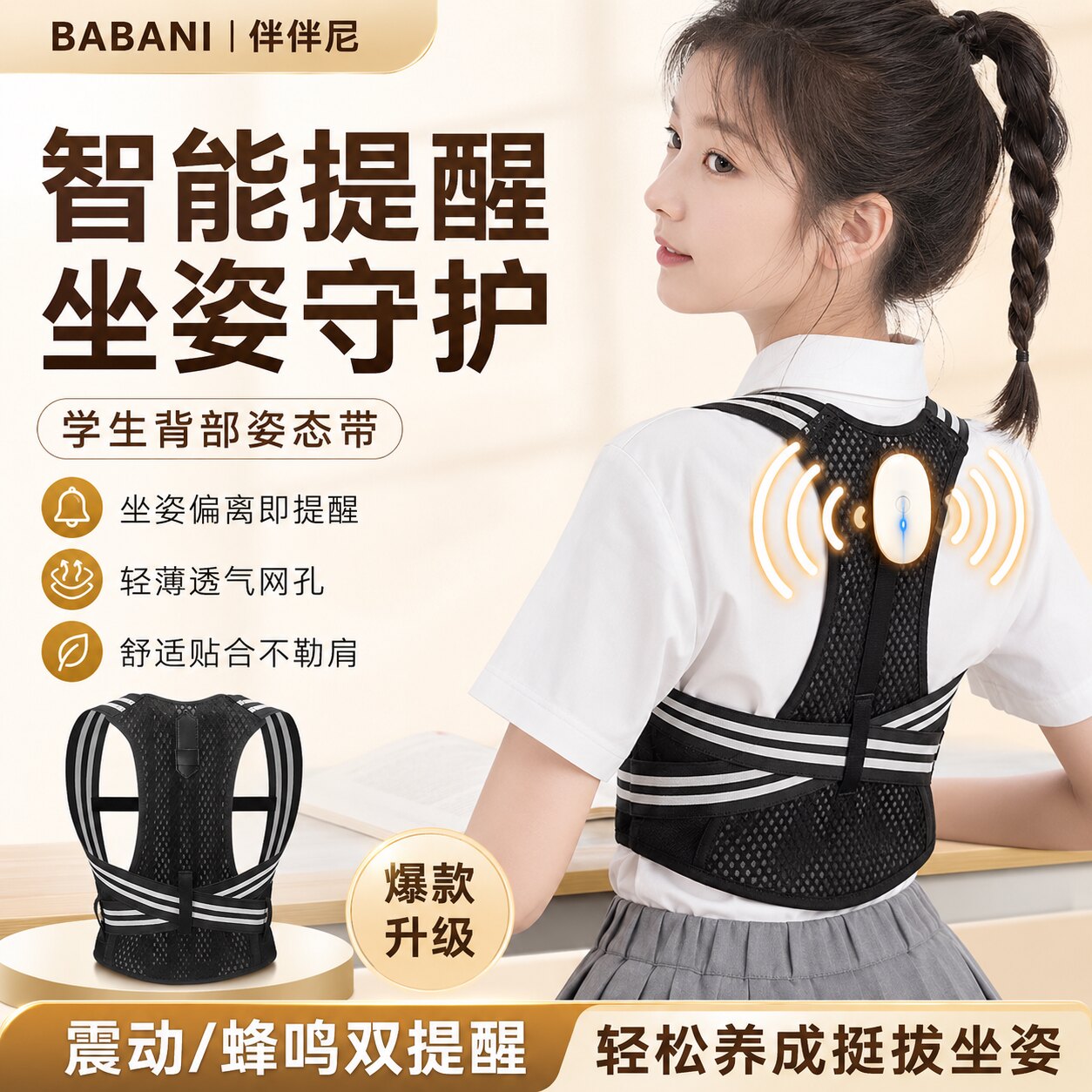 学生专用智能坐姿提醒矫正带轻薄透气可调节舒适贴合背部支撑新款