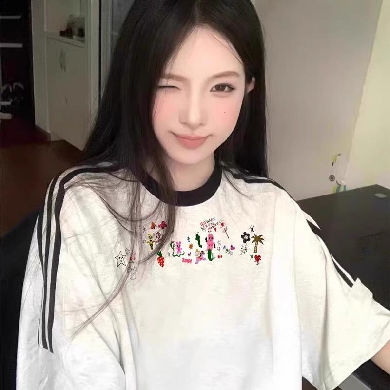 夏季纯棉短袖t恤女2025新款爆款条纹设计感小众美式宽松半袖上衣
