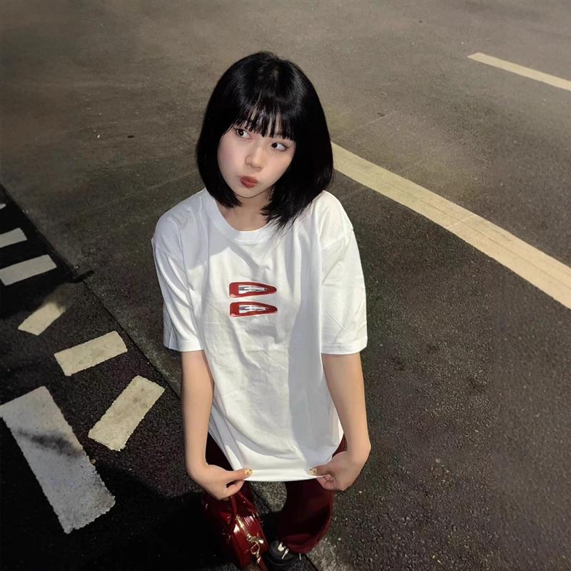 设计感印花白色短袖T恤女装夏季韩系风休闲宽松中长款小众上衣ins