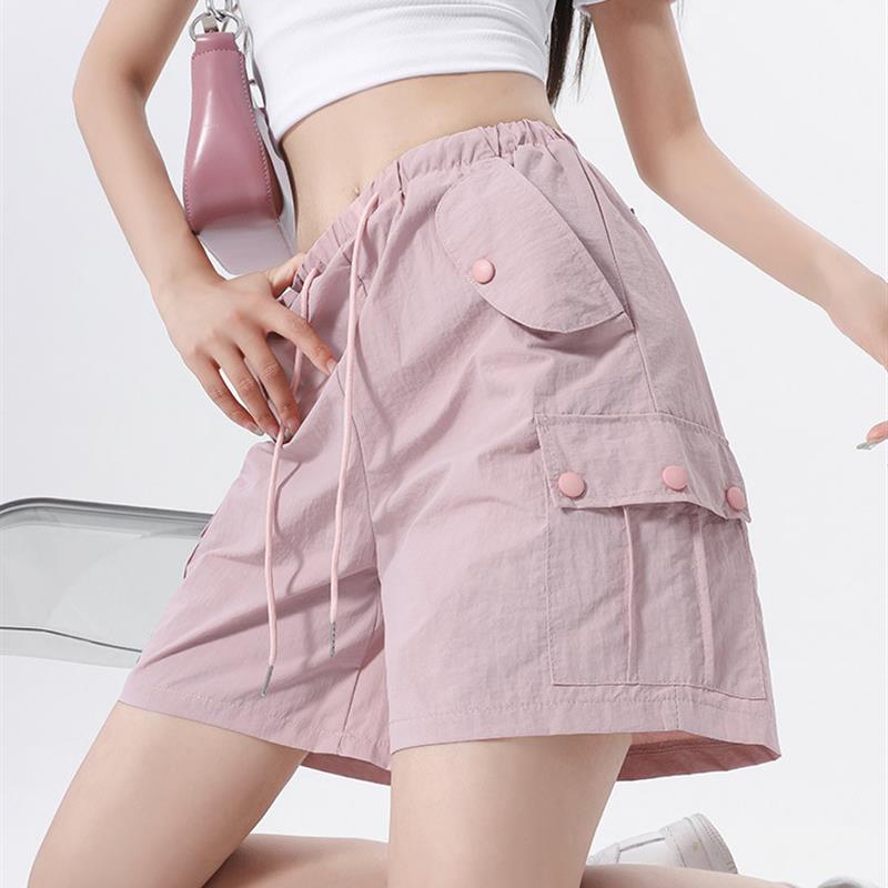 工装短裤女夏季2024薄款高腰宽松A字休闲小个子直筒热裤钉扣裤子