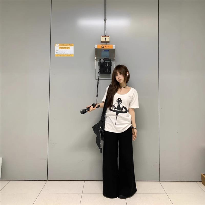 2025夏季新款u领宽松土星印花白色短袖T恤女休闲慵懒风套头上衣