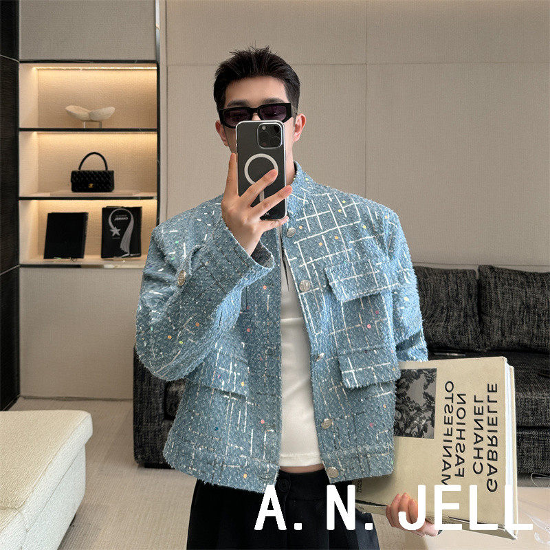 24春ANJELL时尚韩国版男装起义学生明星短款牛仔衣亮片外套夹克潮