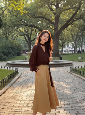 韩系慵懒风半身裙+v领宽松简约纯色开衫外套两件套装女2025秋季新