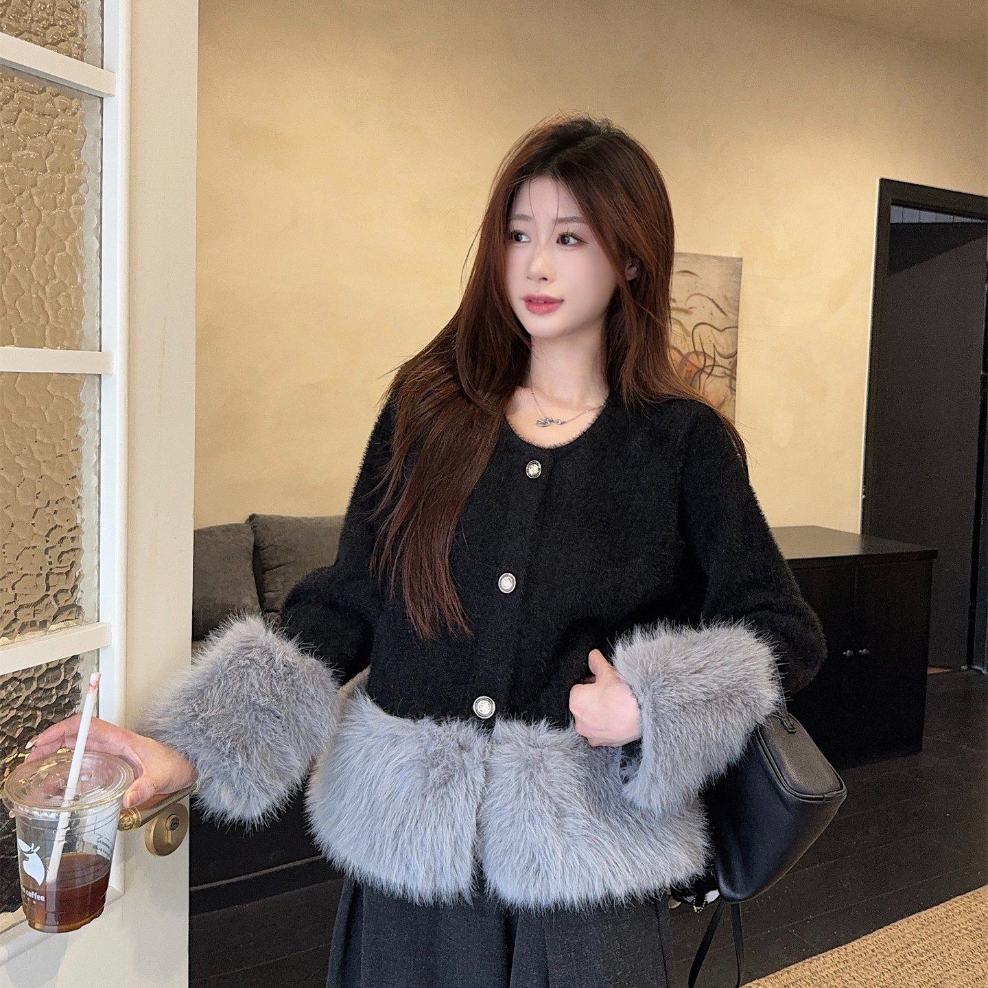 2025新款高级感毛毛拼接针织毛衣开衫女小香风仿水貂绒外套