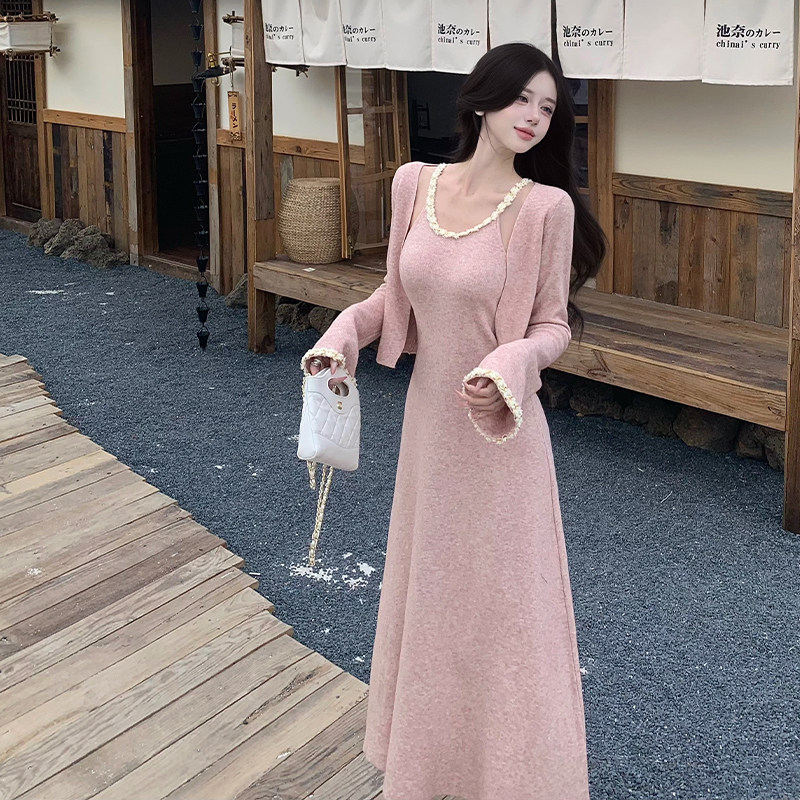 小香风链条吊带针织套装连衣裙女秋纯欲风修身A字长裙两套