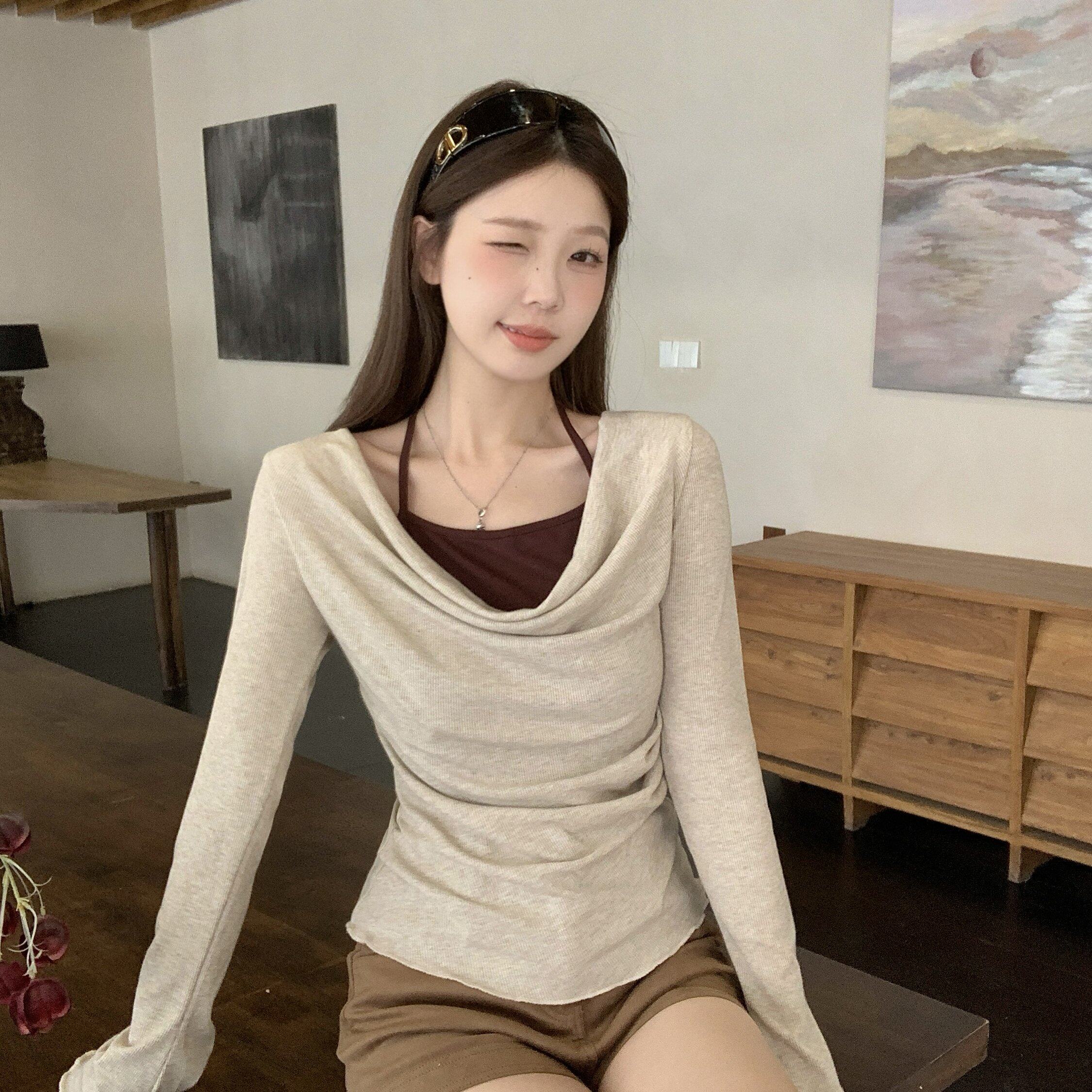 大码胖mm荡领设计感假两长袖T恤女秋季性感辣妹风上衣