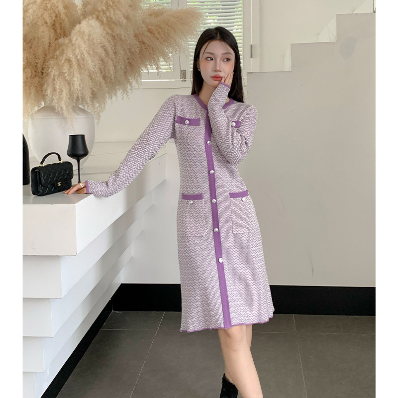 紫色小香风针织连衣裙女高级感气质名媛显瘦毛衣打底裙子