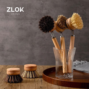 木柄锅刷可替换刷头长柄刷子厨房专用天然椰棕刷马毛剑麻洗锅碗刷