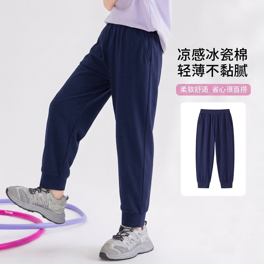 女童裤子夏季薄款防蚊裤小孩灰色校服裤子儿童运动长裤男童藏青色