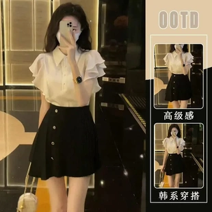 宽松气质时尚 女夏季 新款 上衣 百搭小衫 法式 单件 polo领荷叶边衬衫